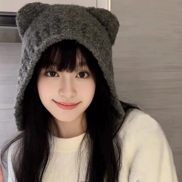Women's Bear Ear Fleece Lined Knit Beanie – Korean Winter Hat Winter Knit Beanie PLUSH