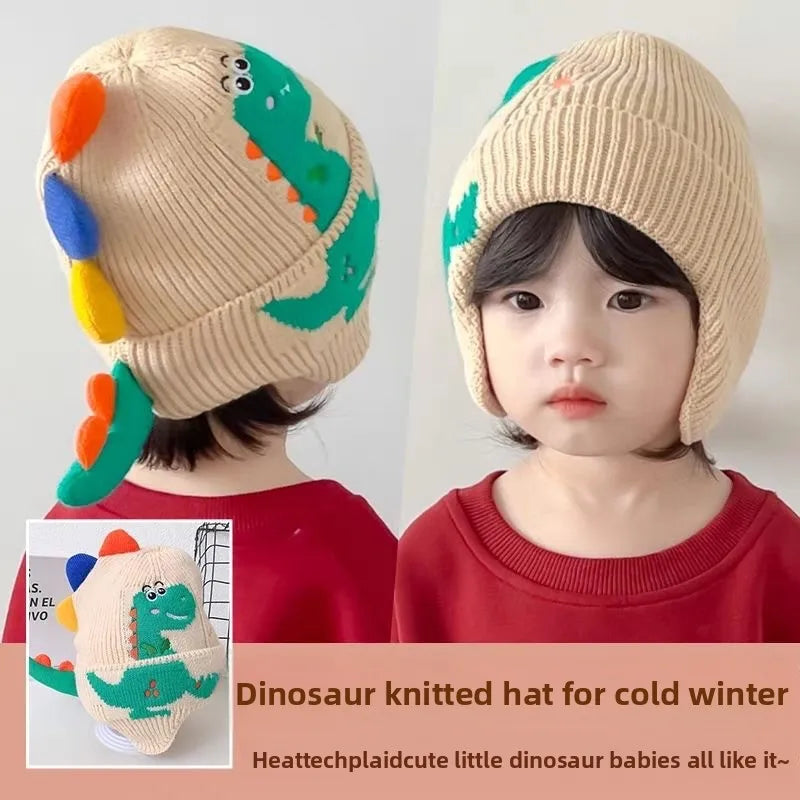 Kids Knitted Dino Beanie with Ear Flaps | Windproof Winter Hat Kids Winter Beanie PLUSH