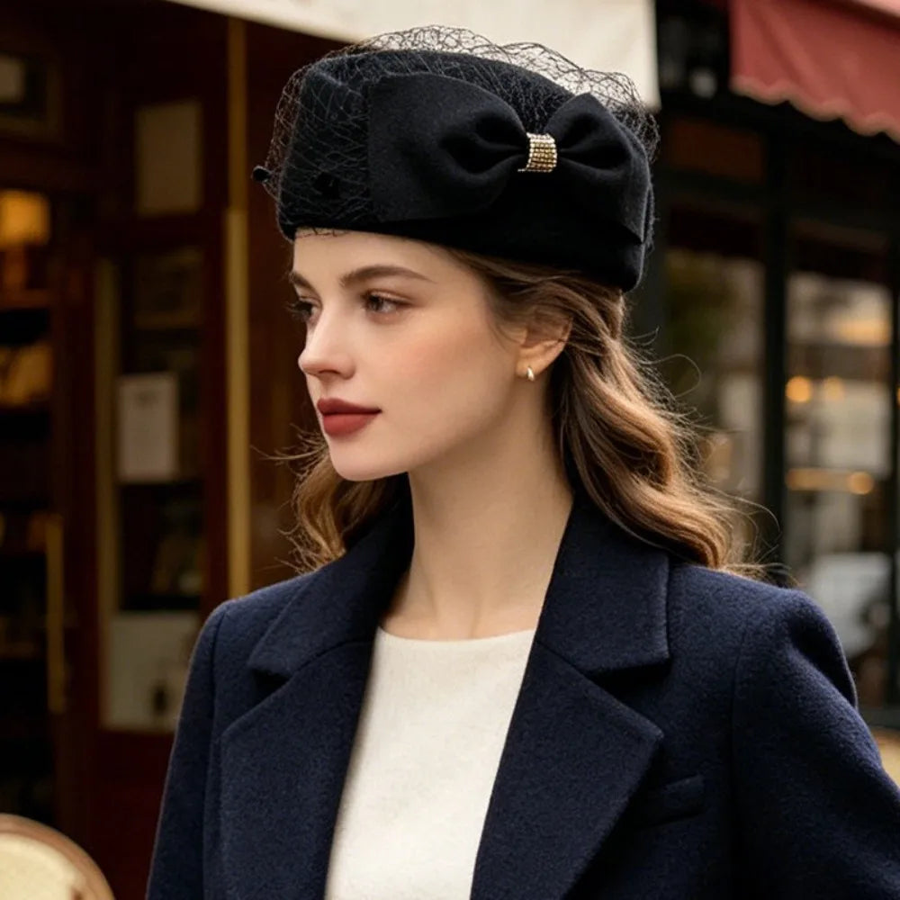 Vintage French Bow Pillbox Hat – Rhinestone Fedora for Women Pillbox Fedora Hat PLUSH Black