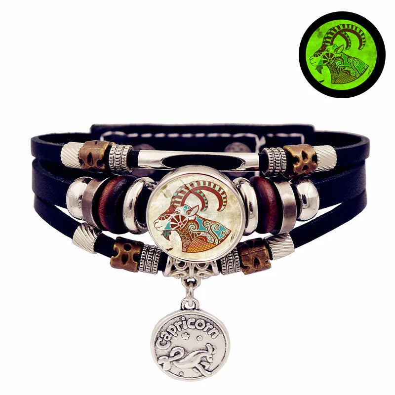 Glow Zodiac Constellation Leather Charm Bracelet – Unisex Charm Bracelet PLUSH 12-Capricorn