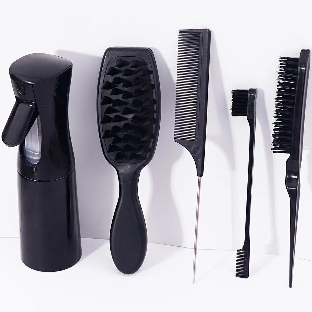 5-Piece Pink Hair Care Set – Spray Bottle, Brush & Combs Hair Styling Kit PLUSH Black set
