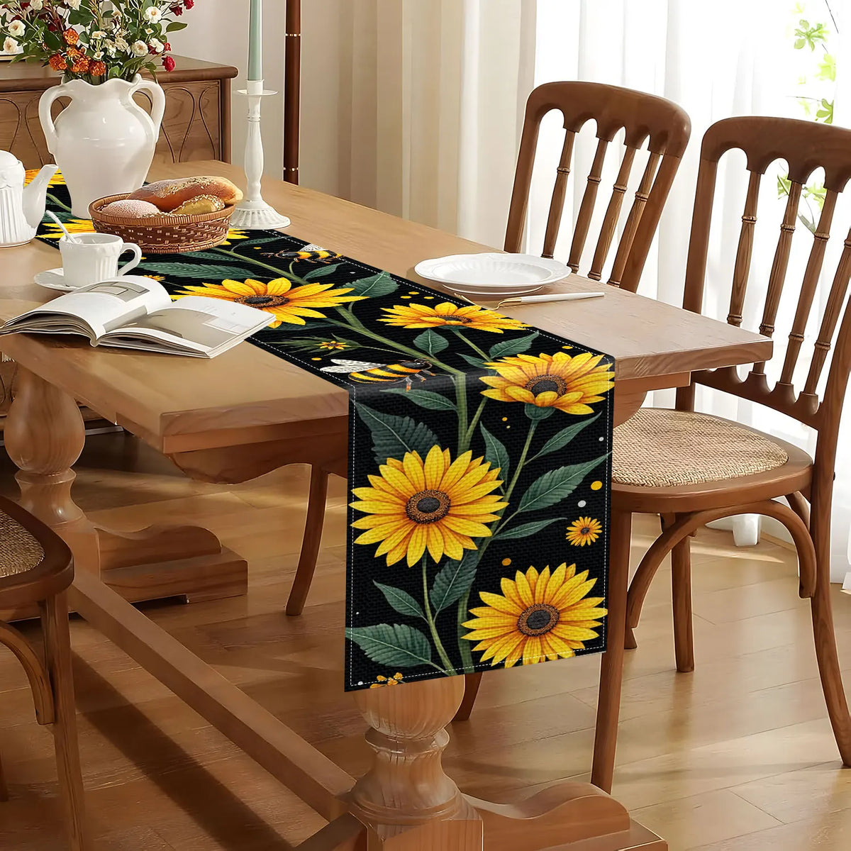 Sunflower & Bee Table Runner – Pastoral Home Décor Table Runner PLUSH