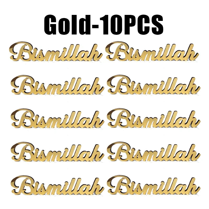 Ramadan Eid Islamic Décor – Bismillah Allah Acrylic Wood Sign Islamic Home Decor PLUSH Gold 10PCS
