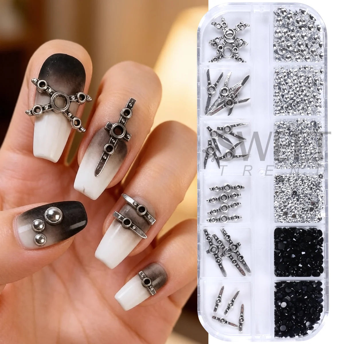 12-Grid Gothic Punk Nail Art Decor – Rhinestone & Rivets Set Nail Art Decoration PLUSH