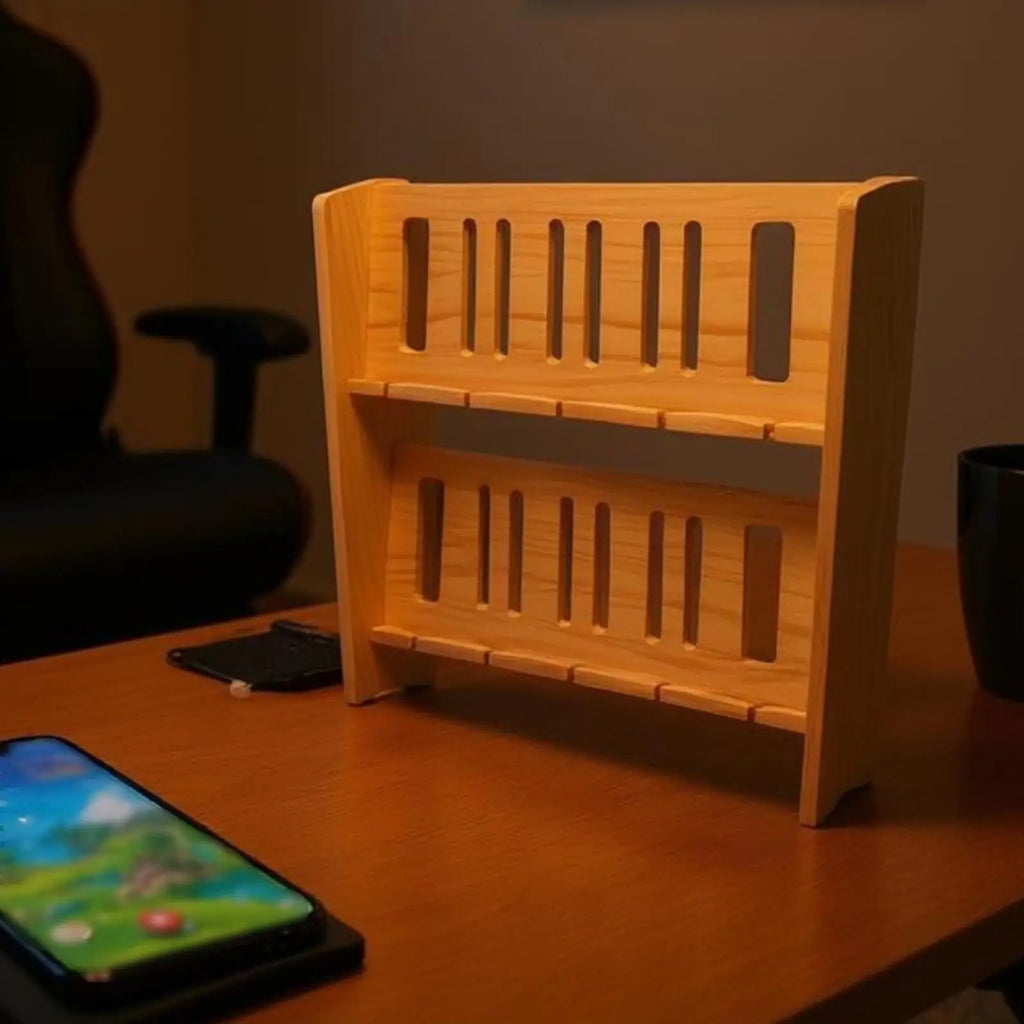 Solid Wood Dual Slot Phone Stand – Multi-Layer Desk Organizer Wood Phone Stand PLUSH