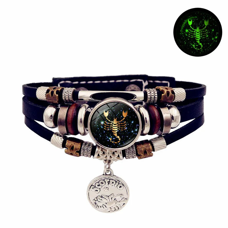 Luminous Zodiac Leather Bracelet – Glow in Dark | All 12 Signs Charm Bracelet PLUSH Scorpius