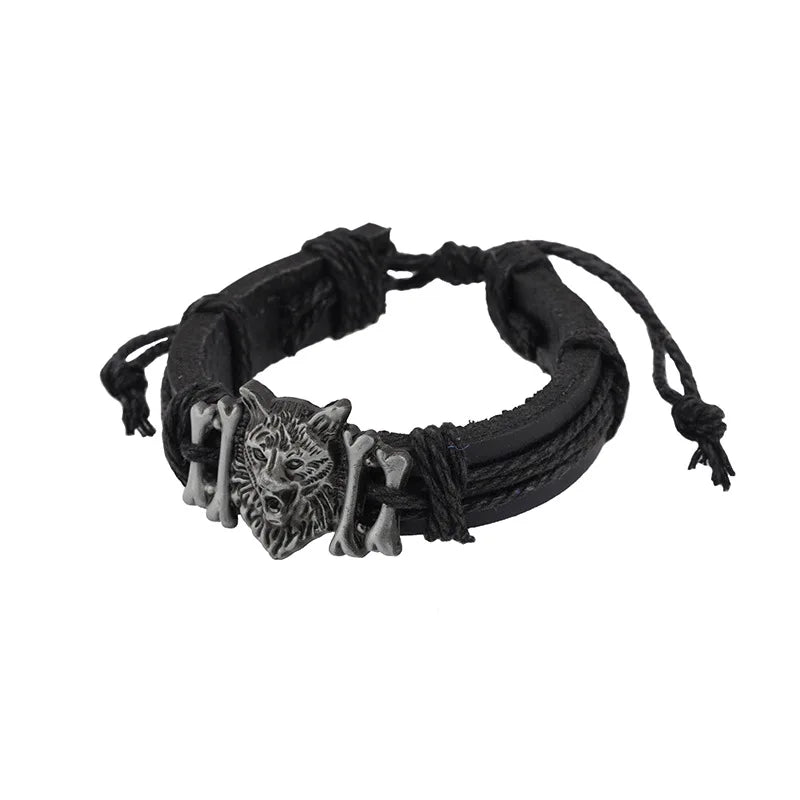 Viking Wolf Head Braided Leather Bracelet – Adjustable Unisex Charm Bracelet PLUSH argent