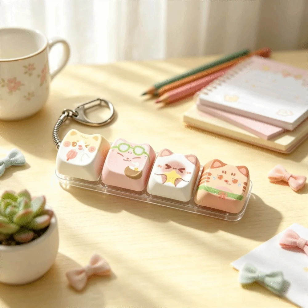 Kawaii Cat Fidget Clicker Keychain – 4-Key Keycap Design Fidget Keychain PLUSH