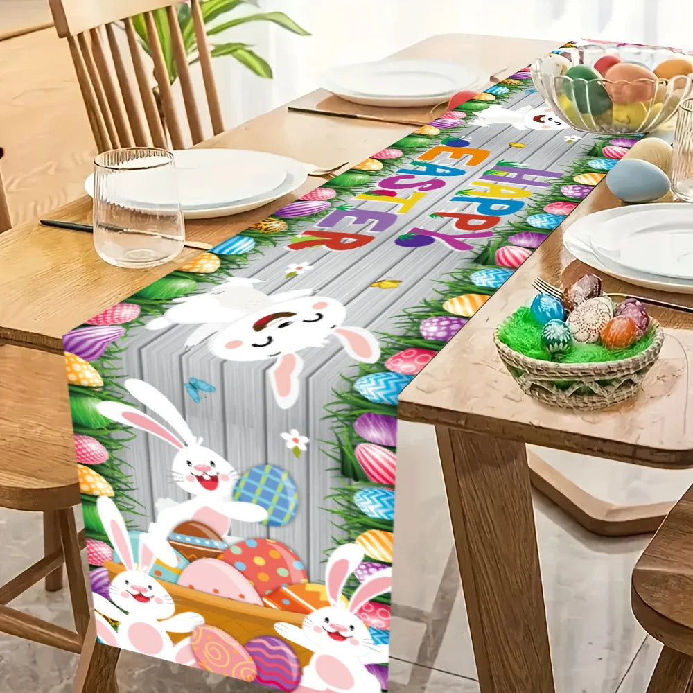 Easter Table Runner – Rabbit & Egg Print | 100% Polyester Holiday Table Runner PLUSH