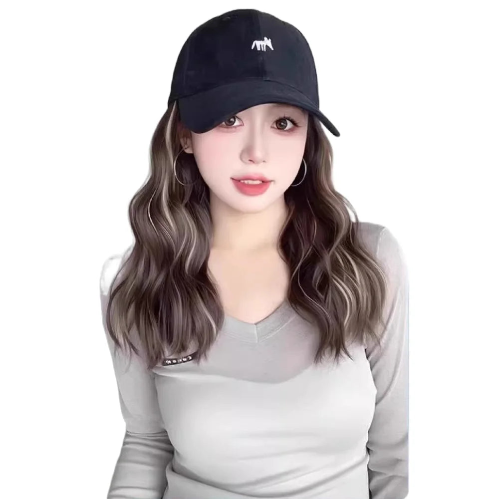 Baseball Cap with Long Wavy Wig – Korean Style Hat Hairpiece Cap Wig Hairpiece PLUSH Black-Brown