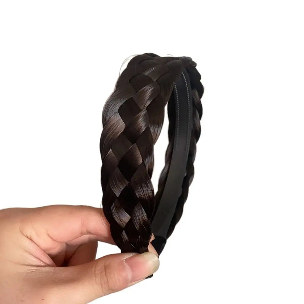 Wide Twist Braided Wig Headband Women – Korean Style Hair Hoop Braided Hair Headband PLUSH black-brown
