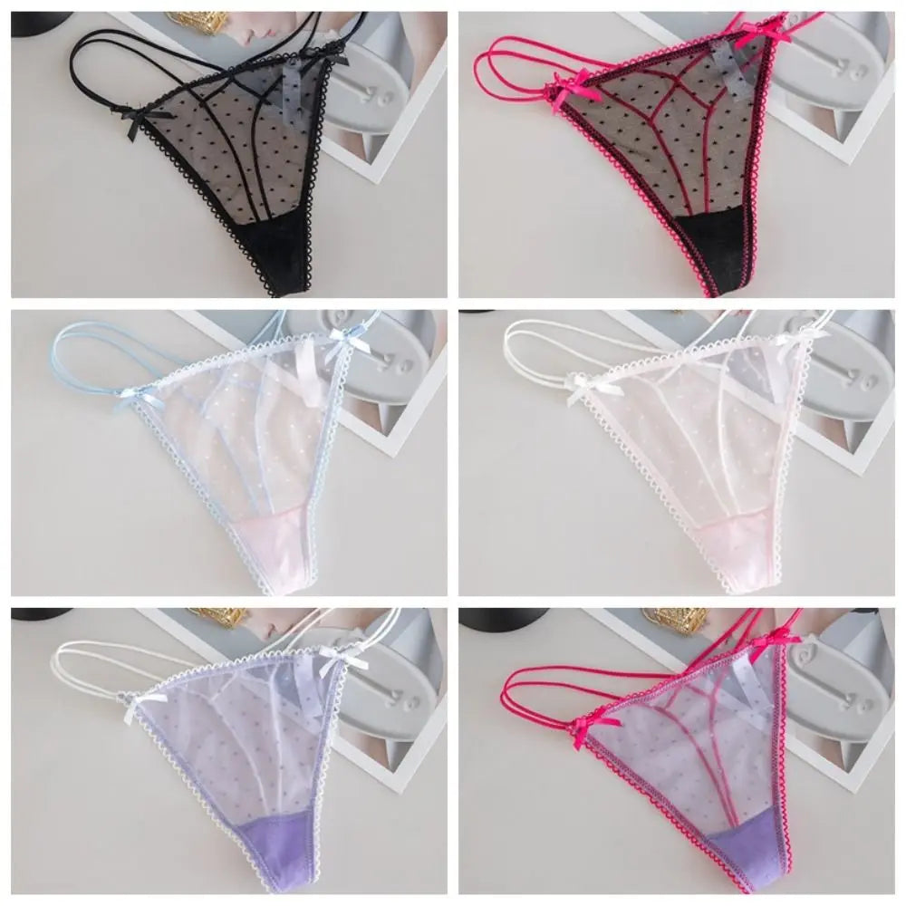 Women's Low Waist Mesh Lace Bow Thong Panties Briefs Women's Thong Panties PLUSH