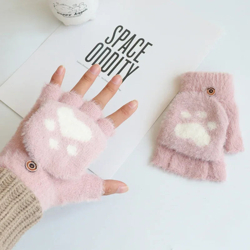 Winter Cat Paw Mittens – Convertible Flip Top Knit Gloves Convertible Winter Mittens PLUSH Pink 3Pairs