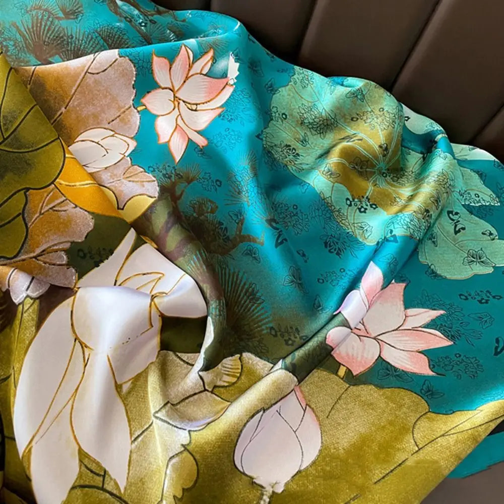 Women's Silk Chiffon Scarf – Lotus Print Shawl Wrap | 180cm Silk Chiffon Scarf PLUSH