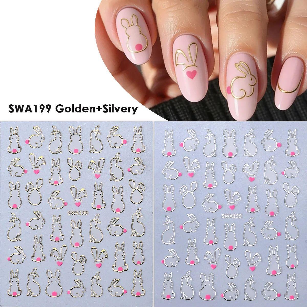 Hollow Bunny Nail Stickers Gold Silver Pink Easter Decals 2pcs Nail Art Stickers PLUSH SWA199 Gold Silver