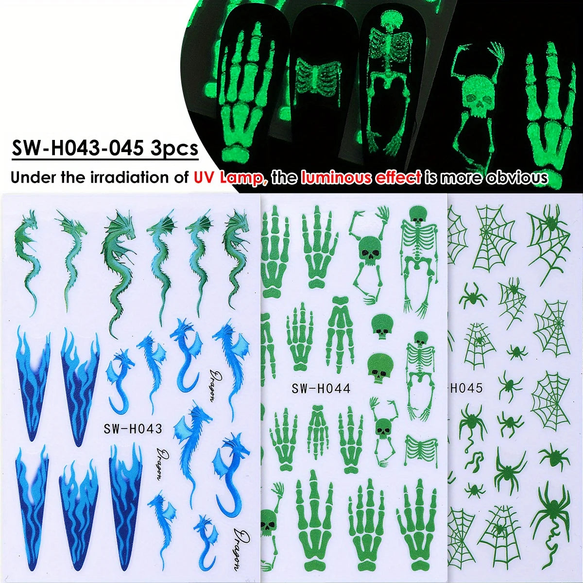 Glow in the Dark Halloween Nail Stickers – Skull & Spider 3-Pack Nail Art Stickers PLUSH SW-H043-045 3pcs