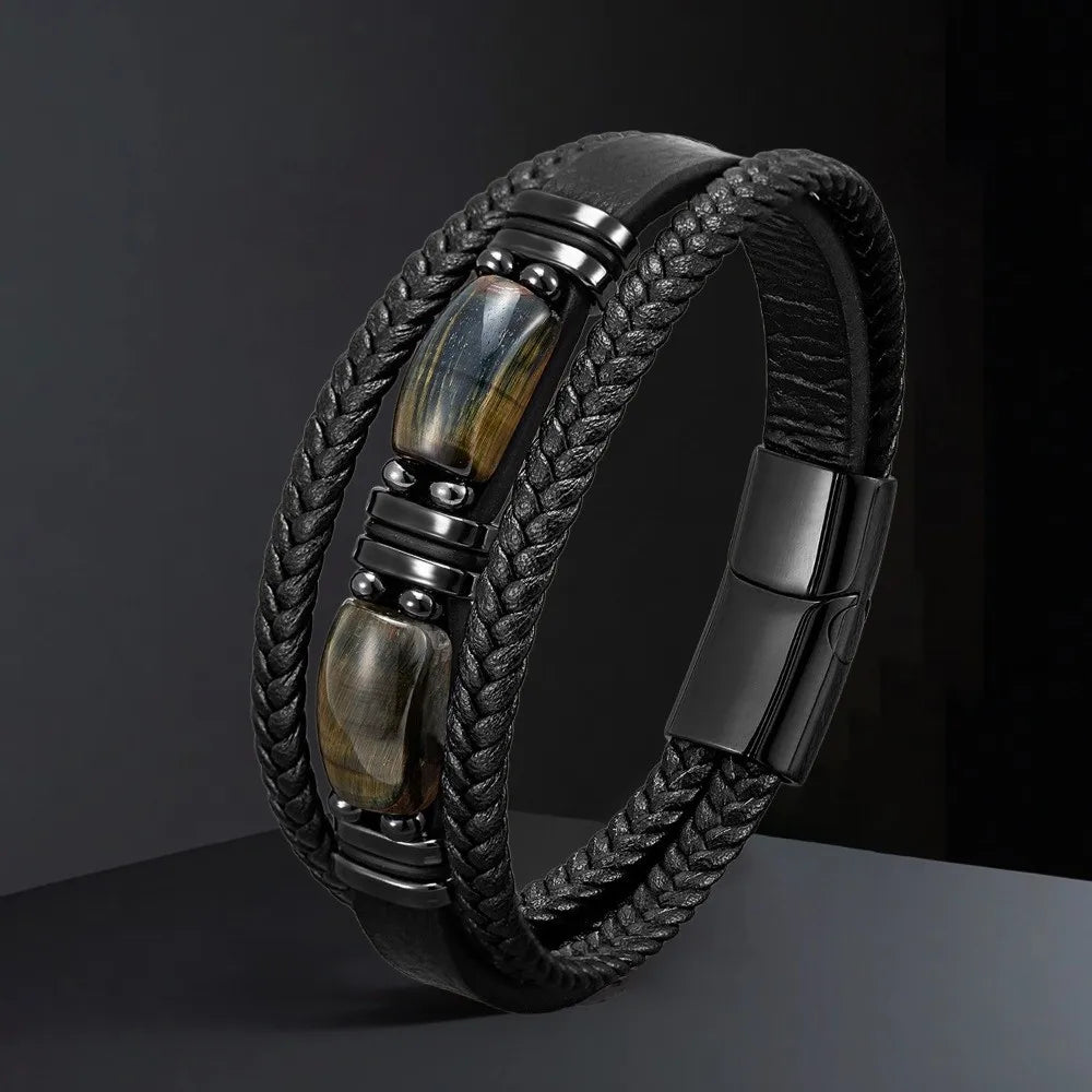 Tiger Eye Stone Magnetic Buckle Men's Bracelet – Stainless Steel Men's Stone Bracelet PLUSH 19cm style 2