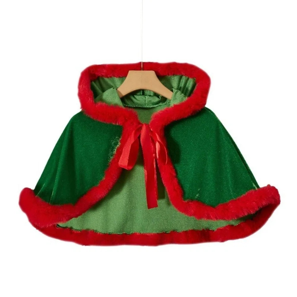 Plush Hooded Christmas Cape – Santa Claus Costume Cloak Holiday Costume Cape PLUSH Green Red One Size