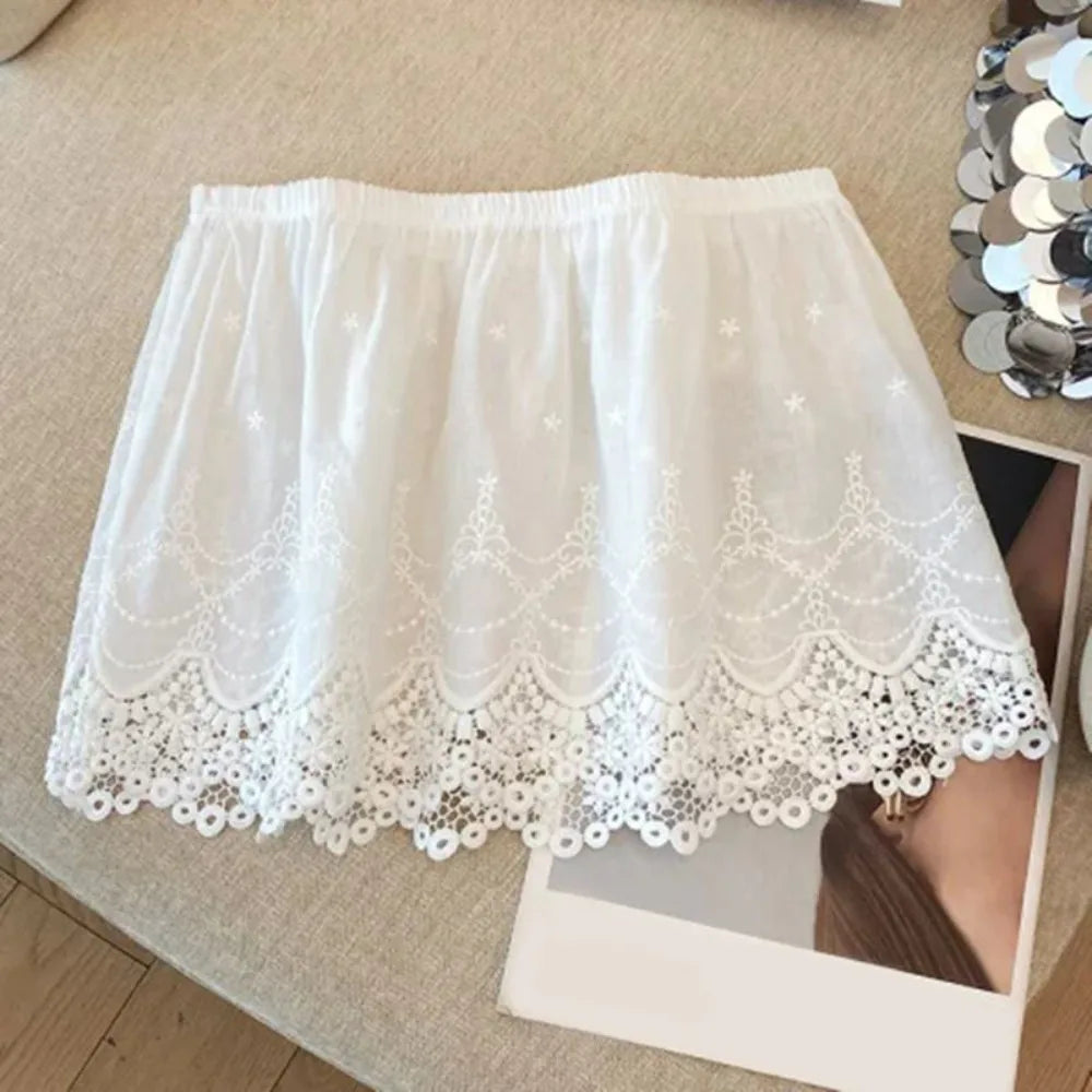 Y2K Embroidery Lace Petticoat Underskirt – High Waist Half Slip Lace Petticoat Skirt PLUSH White L