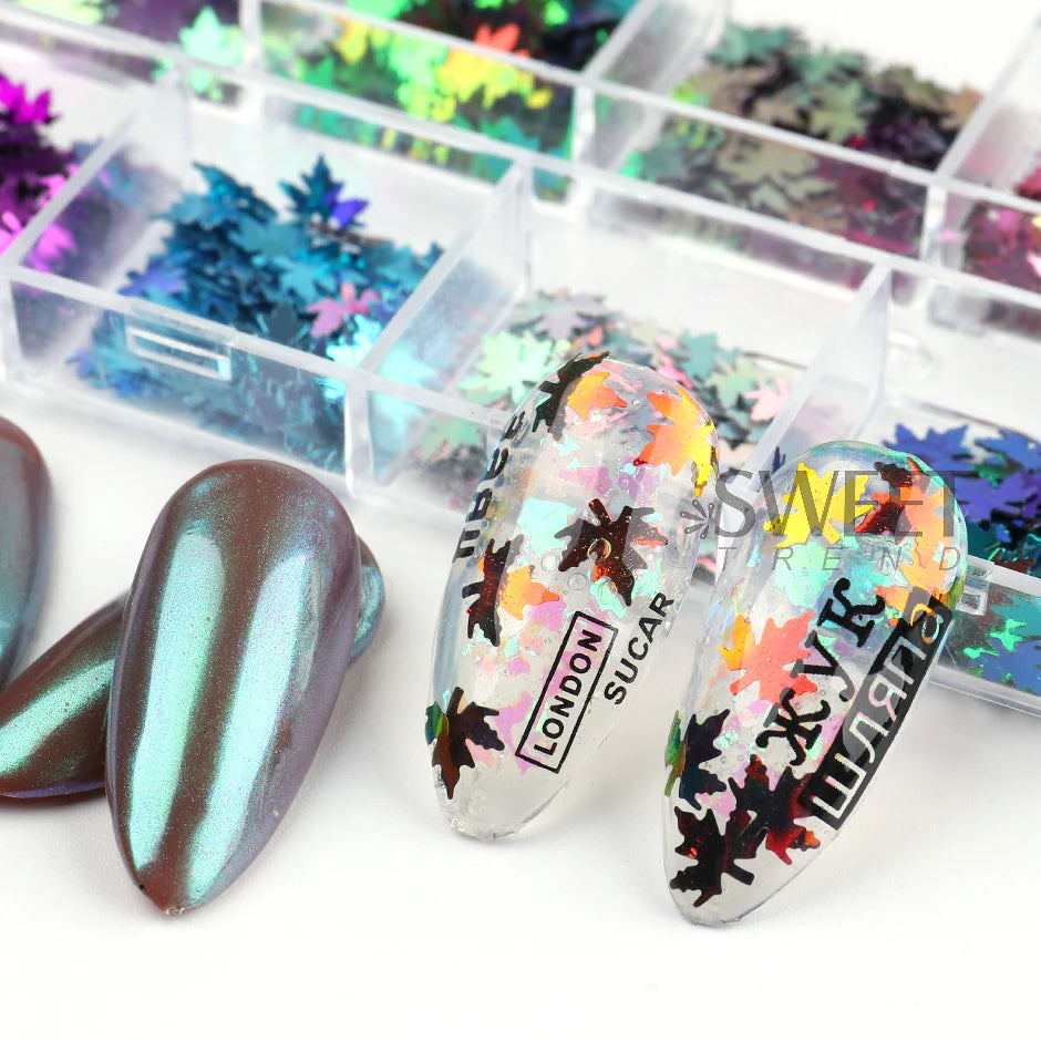 12-Grid Maple Leaf Nail Art Sequins – Fall Glitter Flakes Set Nail Art Sequins PLUSH