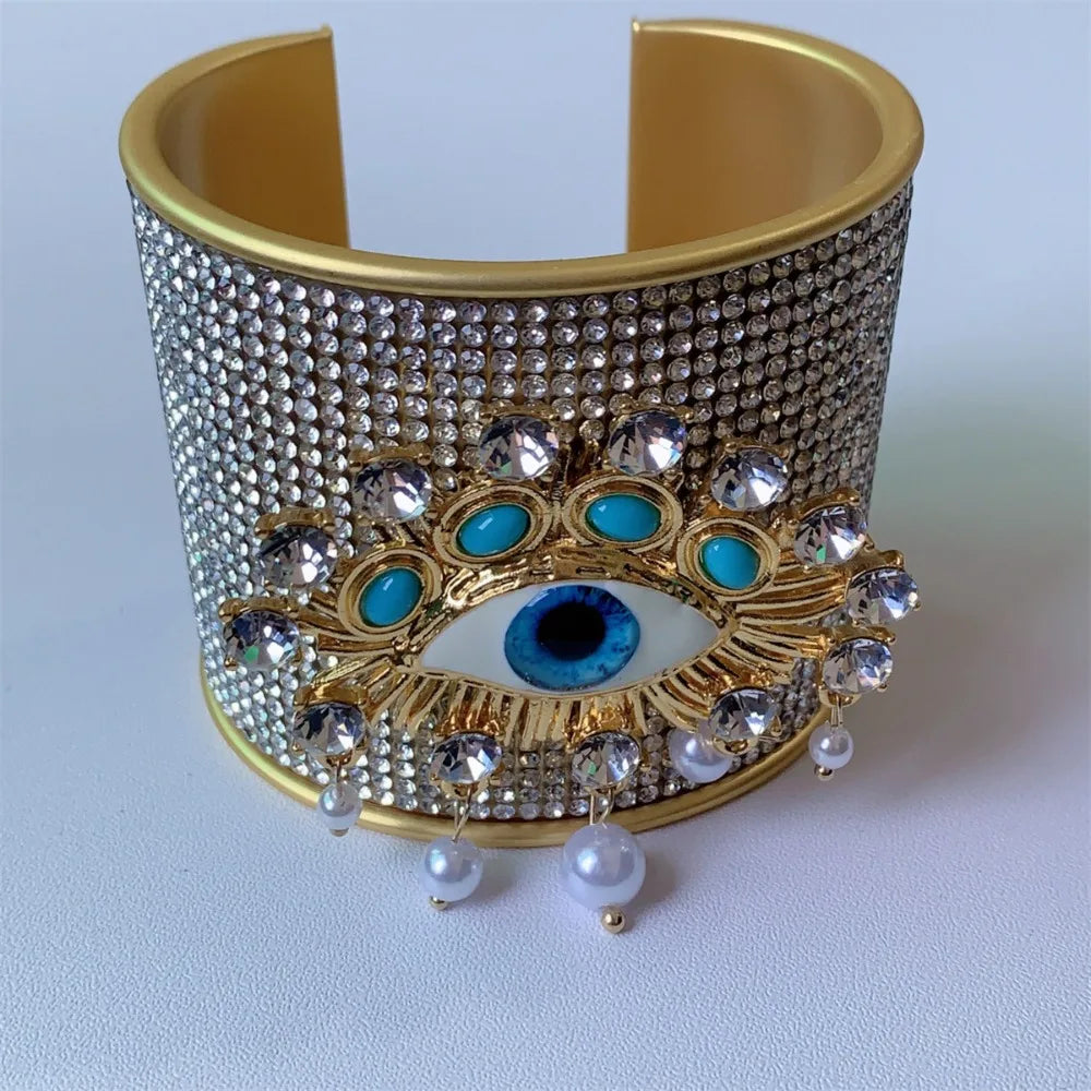 Rhinestone Demon Eye Wide Cuff Bangle – Punk Alloy Bracelet Cuff Bangle PLUSH Style 6 50-52mm WHITE