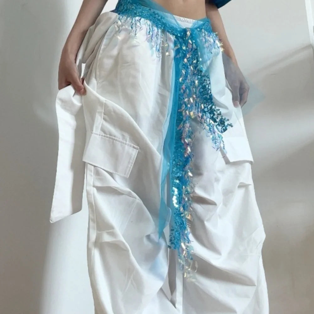 Y2K Sequin Tassel Hip Scarf Belt – Jazz Dance Streetwear Tassel Hip Scarf Belt PLUSH Lake Blue