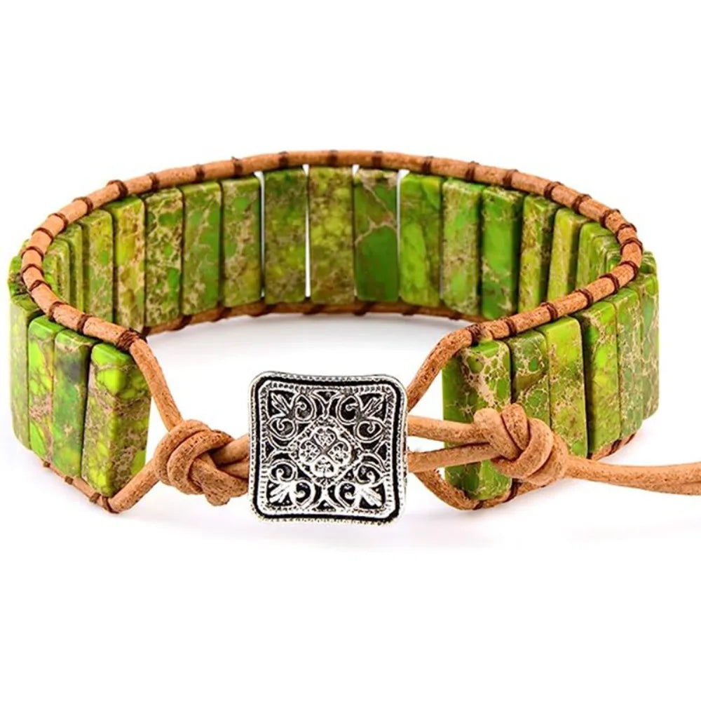Rainbow Stone Beaded Bracelet – Boho Woven Adjustable Bangle Charm Bracelet PLUSH Green