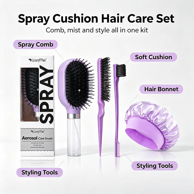 Spray Air Cushion Hair Brush Set – Detangling Comb & Satin Bonnet Hair Brush Set PLUSH