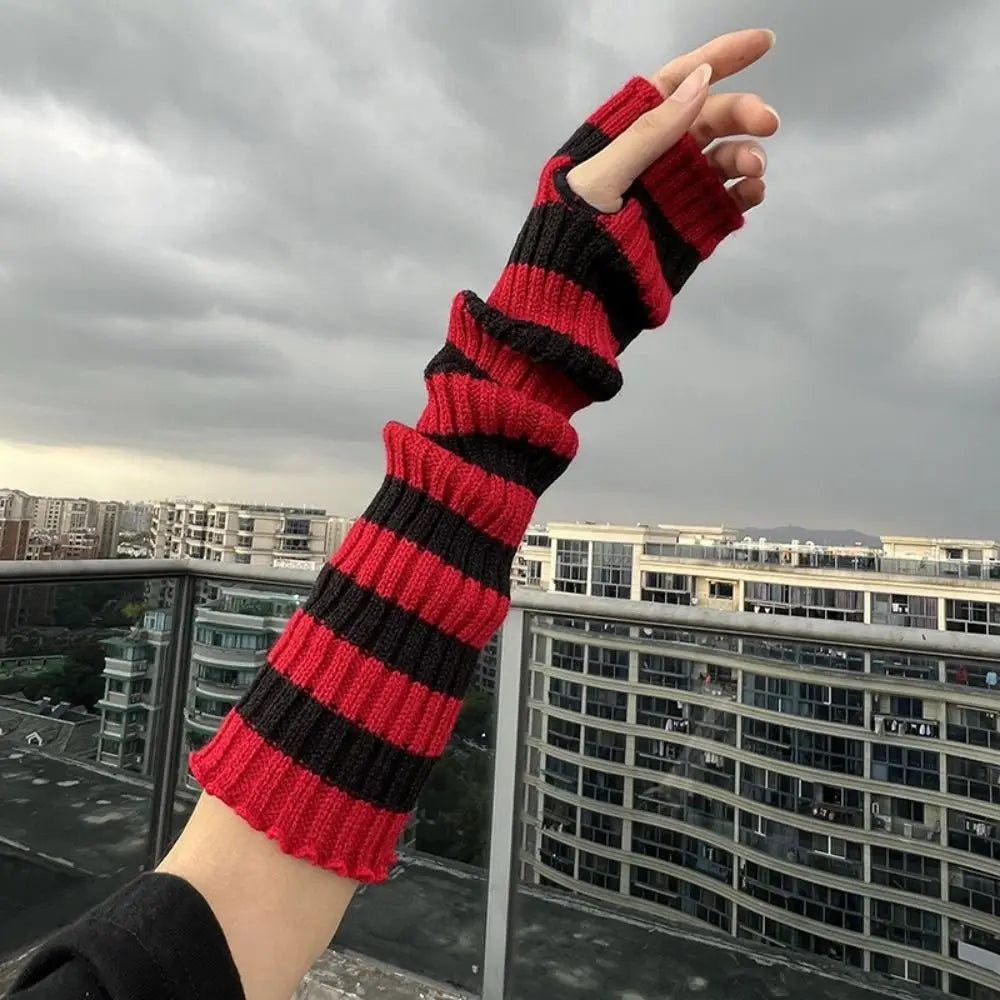 Y2K Striped Fingerless Arm Warmers – Long Knit Arm Sleeves Fingerless Arm Warmers PLUSH