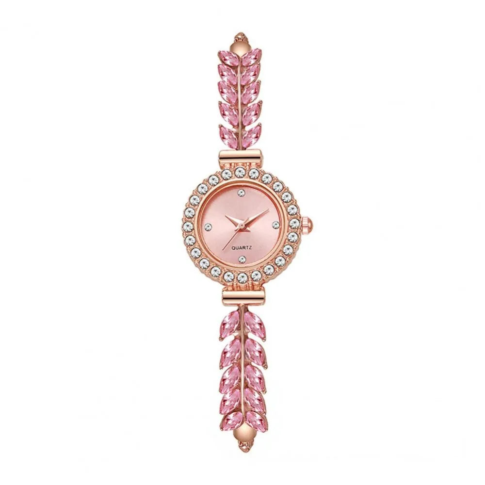 Women's Slim Rhinestone Leaf Quartz Watch – Adjustable Strap Women's Quartz Watch PLUSH Pink