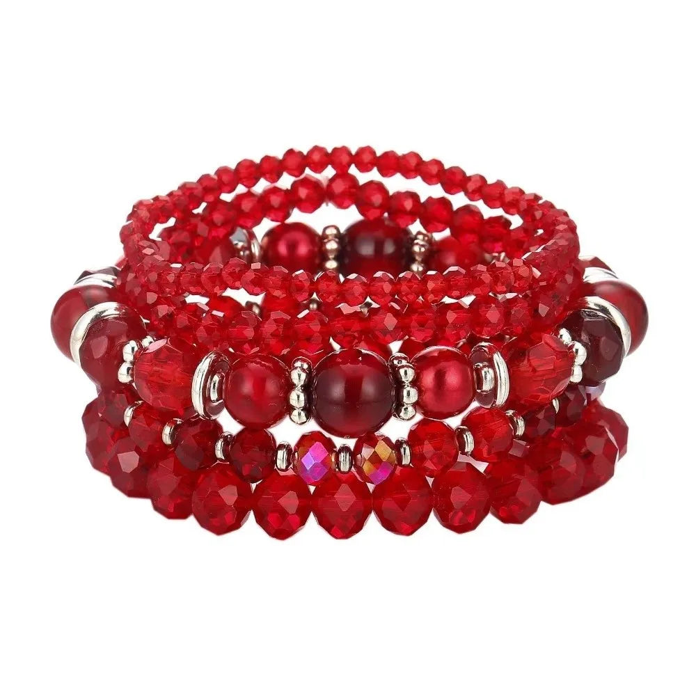 Bohemian Faceted Glass Bead Elastic Layered Bracelet Set 5pcs Beaded Bracelet Set PLUSH Red