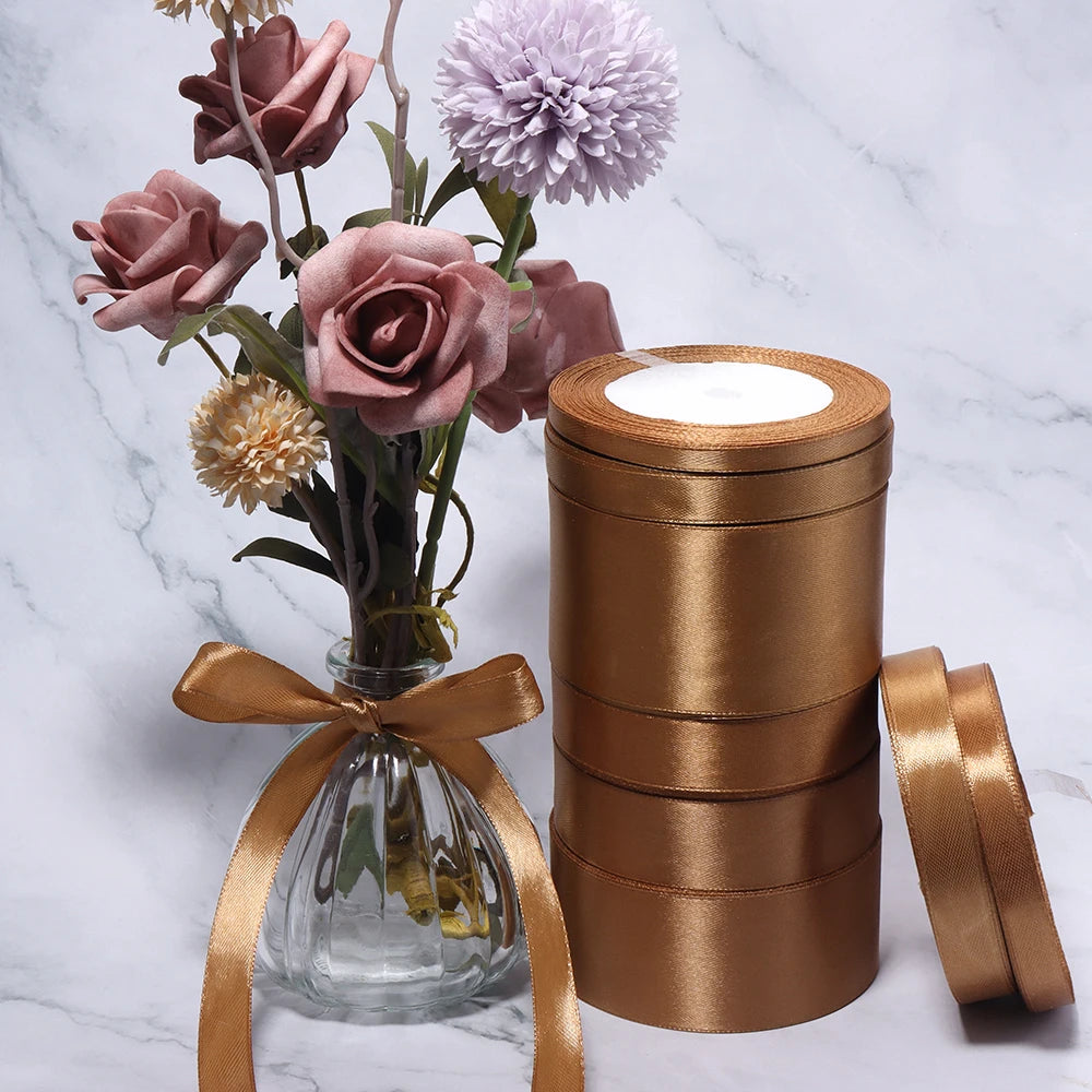 25 Yards Gold Brown Satin Ribbon – Gift Wrapping & DIY Decor Satin Craft Ribbon PLUSH