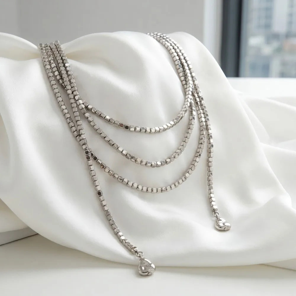 Geometric Square Bead Layered Collarbone Necklace | Gold Silver Layered Pendant Necklace PLUSH