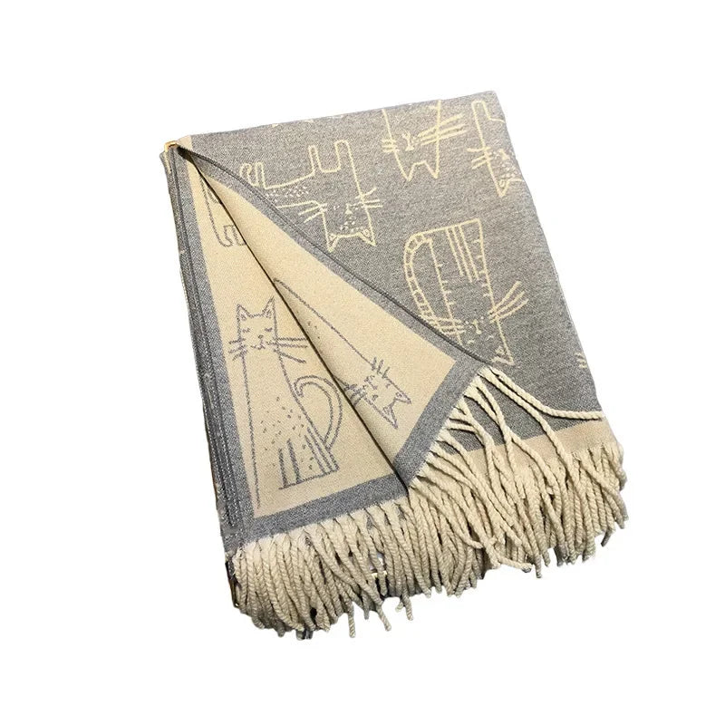 Women's Cat Print Pashmina Shawl Scarf with Tassels 190x65cm Pashmina Shawl Scarf PLUSH