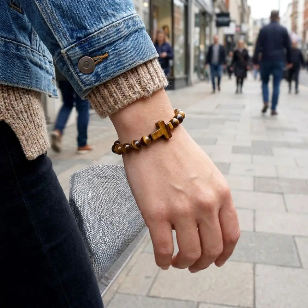 Vintage Tiger's Eye Cross Bracelet – Unisex Spiritual Jewelry Beaded Charm Bracelet PLUSH