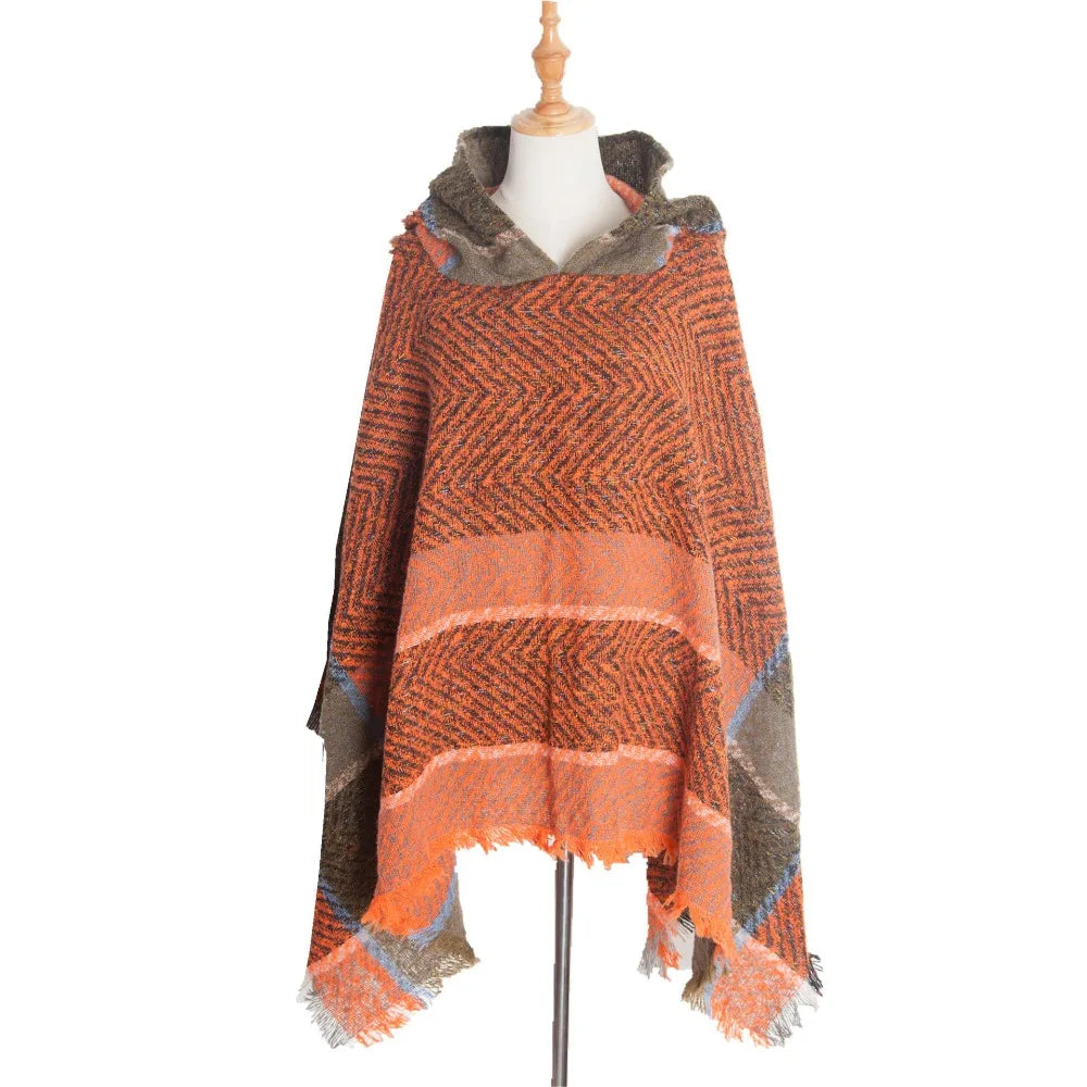 Women's Tassel Hooded Cape Plaid Knit Shoulder Wrap Cloak Hooded Cape Wrap PLUSH Orange
