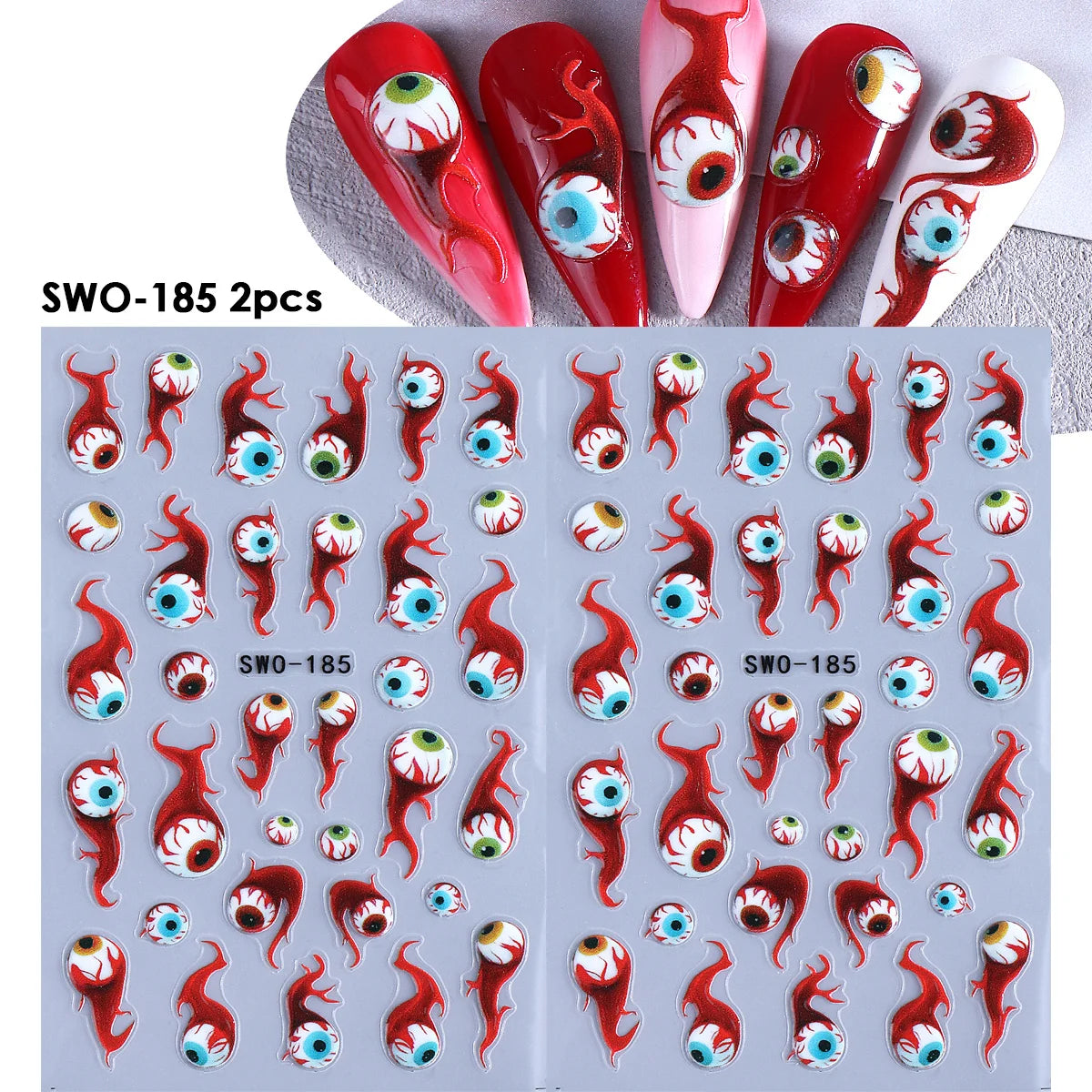 Halloween Bloodshot Eyeball Matte Nail Decals – 2 Sheets Nail Art Decals PLUSH SWO-185 2pcs