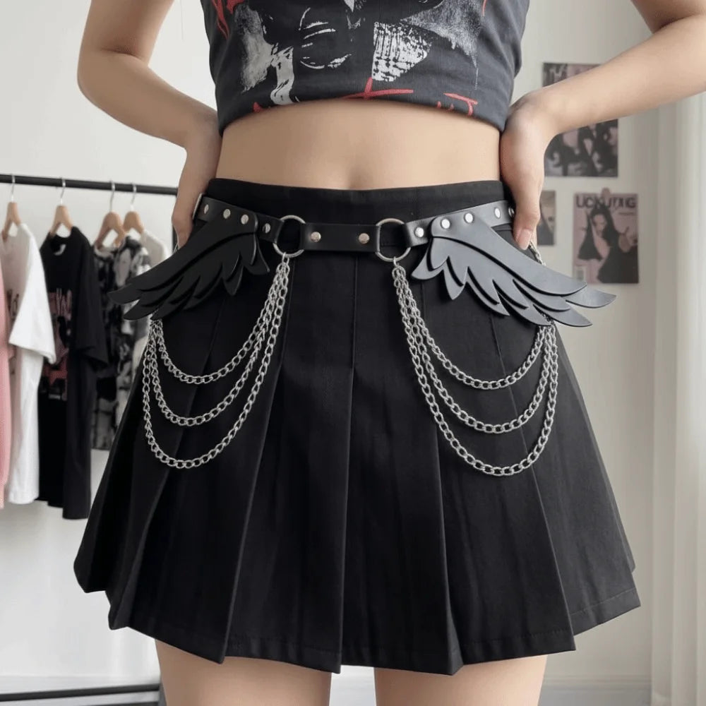 Y2K Punk PU Leather Wing Rivet Belt – Metal Studs & Chain Punk Fashion Belt PLUSH
