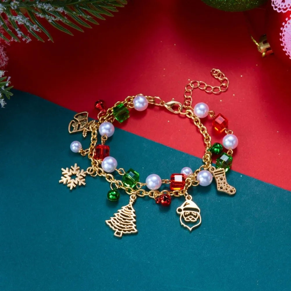 Christmas Beaded Bracelet – Red Green Faux Pearl & Crystal Bangle Beaded Bracelet PLUSH