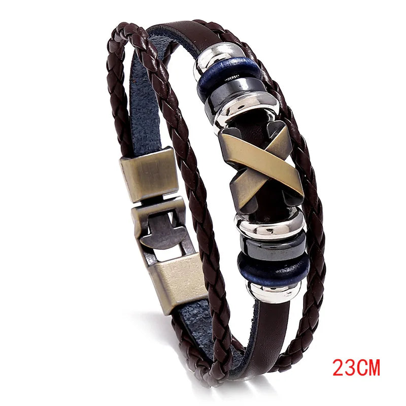 Men's Vintage X Stud Leather Bracelet – Black Brown White Leather Bracelet PLUSH Brown 23CM
