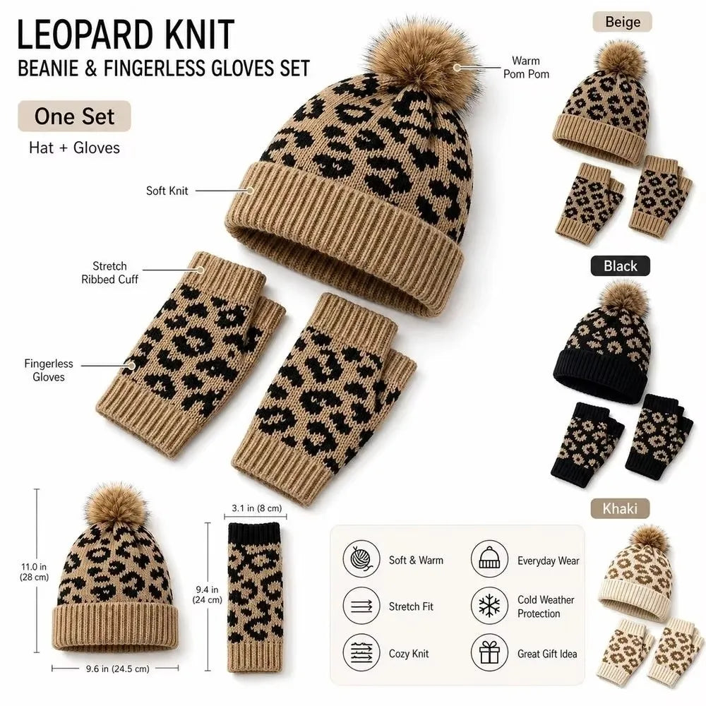 Women's Leopard Print Knit Beanie & Mittens Set – 2 Pcs Beanie & Mittens Set PLUSH