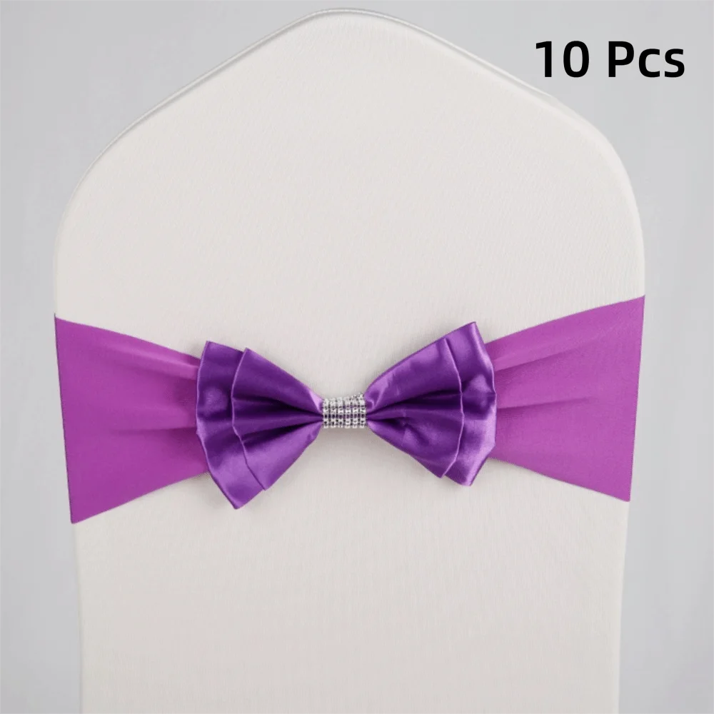 10pcs Satin Bow Chair Sashes – Elastic Spandex, No-Tie Chair Sash Bows PLUSH Light Purple
