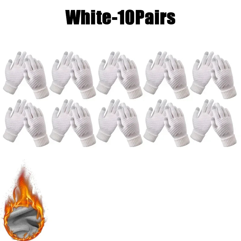 Winter Touch Screen Gloves – Warm Knit Mittens Unisex Winter Knit Gloves PLUSH White-10Pairs