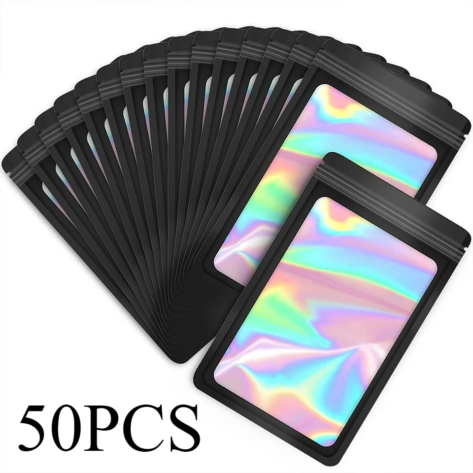 50/100pcs Holographic Mylar Zip Lock Bags – Jewelry & Gift Pouches Mylar Storage Bags PLUSH Black-50PCS 7x10cm