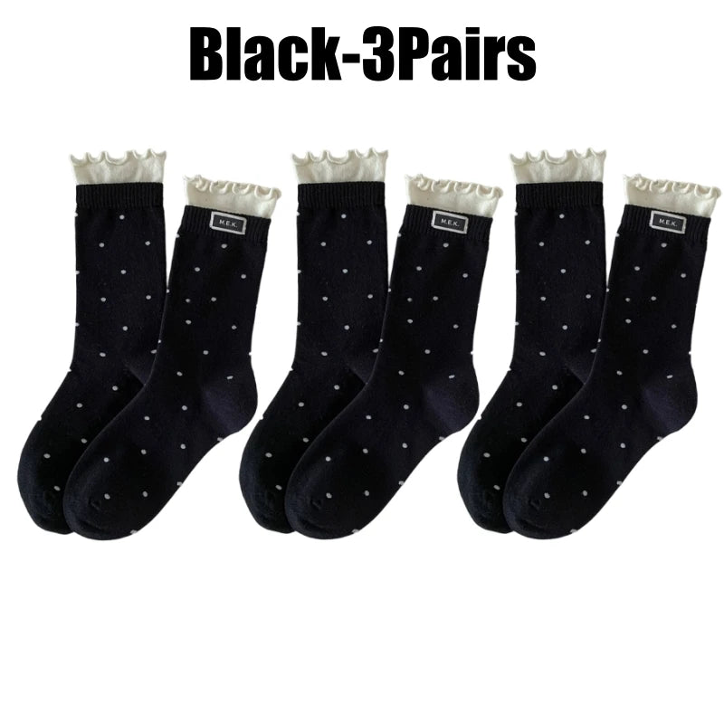Women's Dotted Casual Long Socks – Soft Breathable Knit Women's Casual Socks PLUSH Black-3Pairs One Size