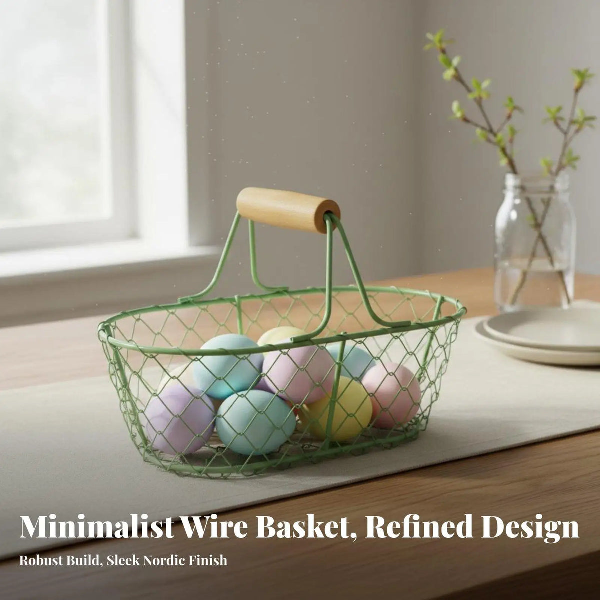Farmhouse Easter Egg Basket – Metal Wire & Wooden Handle Wire Storage Basket PLUSH