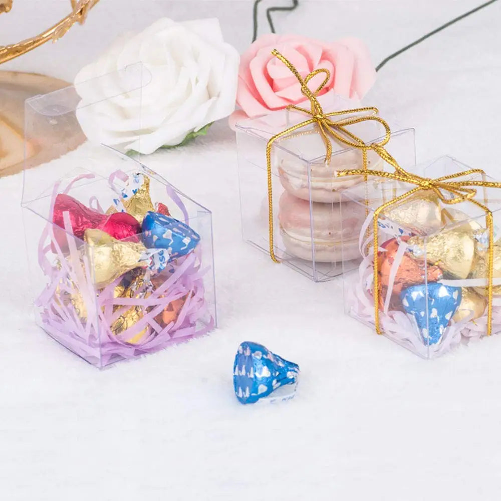 50pcs 2x2x2 Clear Gift Boxes with Gold Ribbon | Party Favors Clear Favor Boxes PLUSH