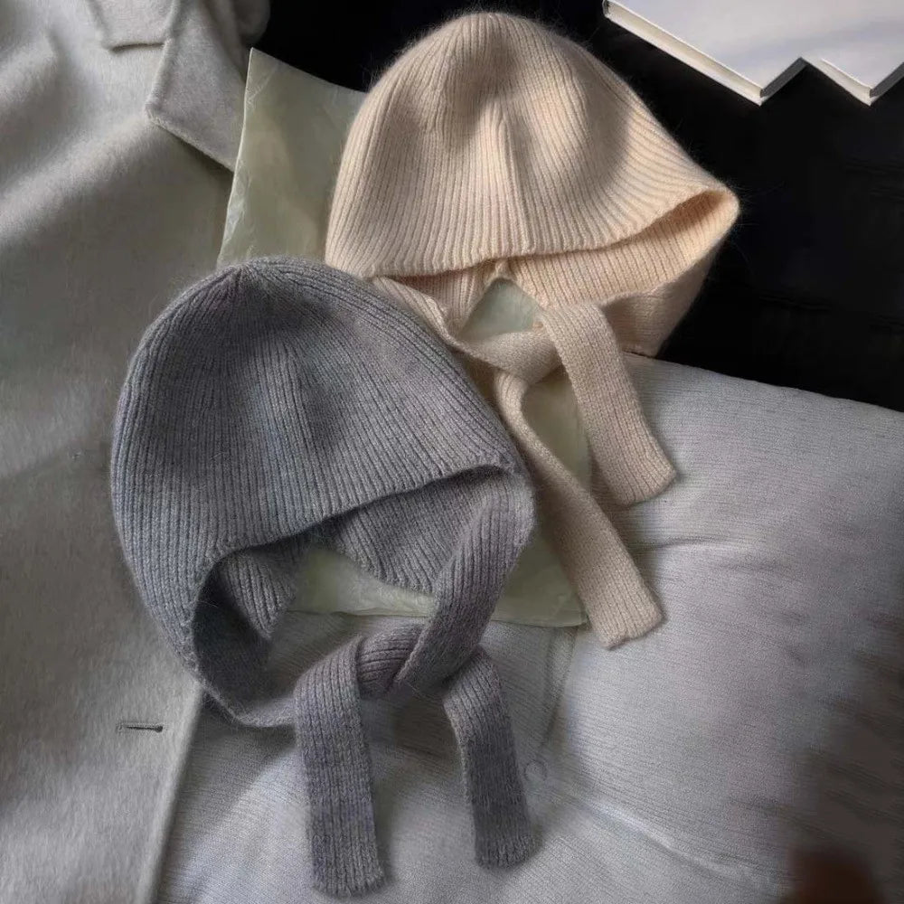 Women's Knit Earflap Beanie with Ribbon Tie – Korean Style Knit Earflap Beanie PLUSH