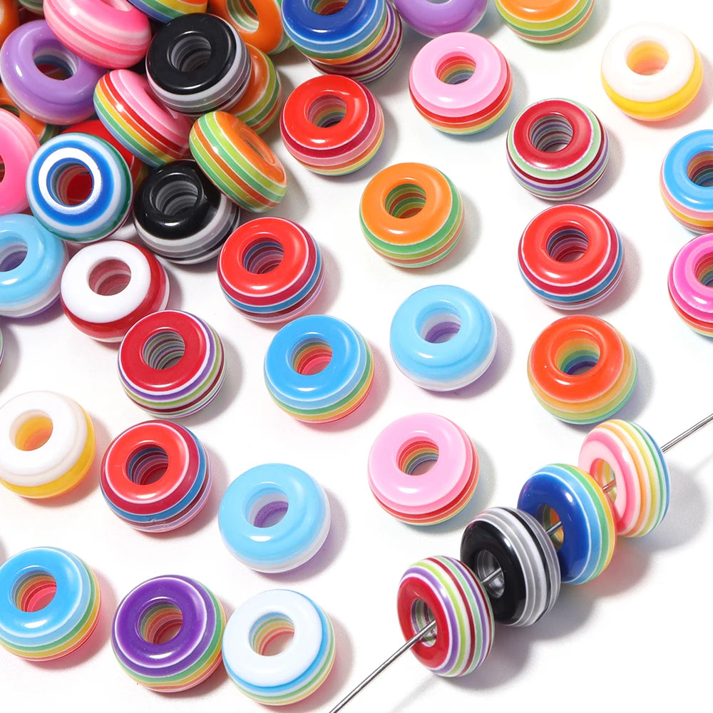 50pcs Rainbow Stripe Resin Flat Big Hole Spacer Beads – DIY Resin Spacer Beads PLUSH