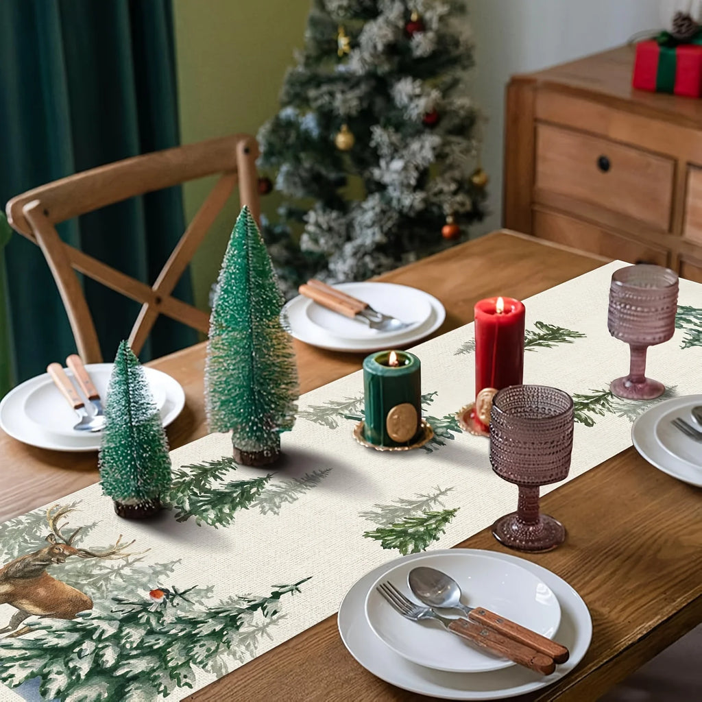 Winter Forest Table Runner – Reindeer Cardinal Christmas Décor Holiday Table Runner PLUSH